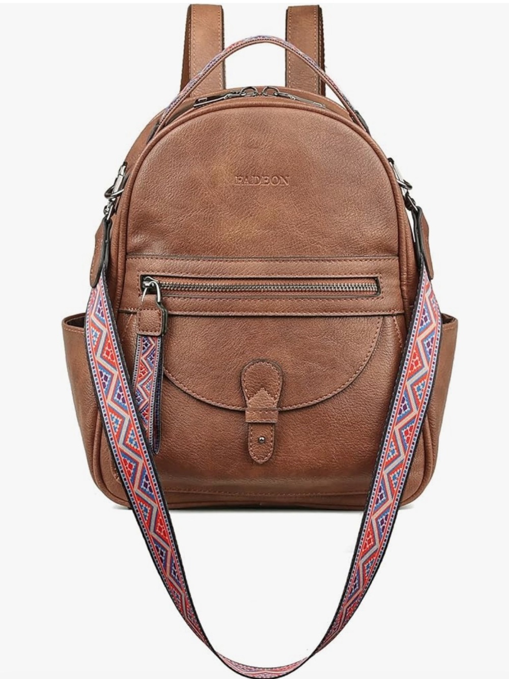 FADEON Brown Faux Leather Medium/Mini Backpack Purse With Colorful Design